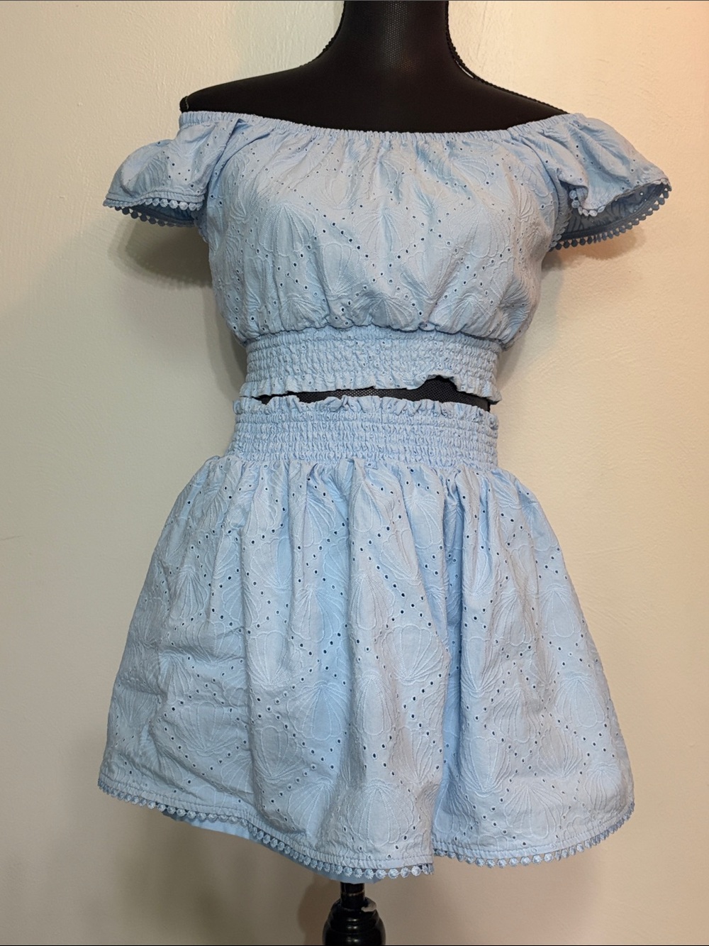 Light Blue Eyelet Off-Shoulder Smocked Skirt Set Size M